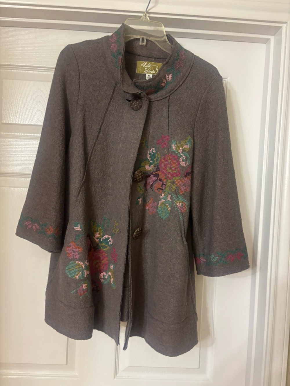 Aunt Wanda 3/4 sleeve length Vintage-Style Floral Embroidered Coat Jacket - Gray